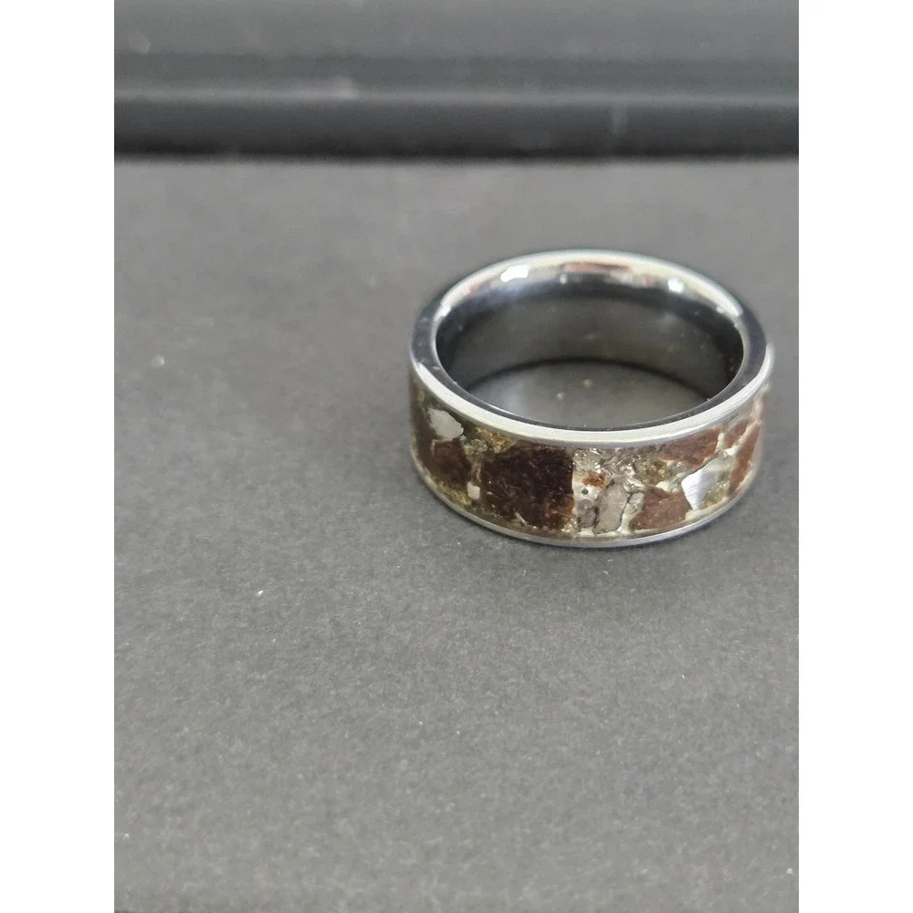 Unique T-Rex Fossil, Meteorite, Pyrite, & Quartz Crystal, Tungsten Ring Size 7.5